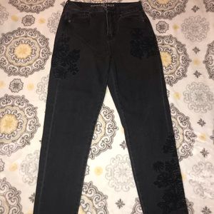 Black American Eagle Embroidered Floral Jeans
